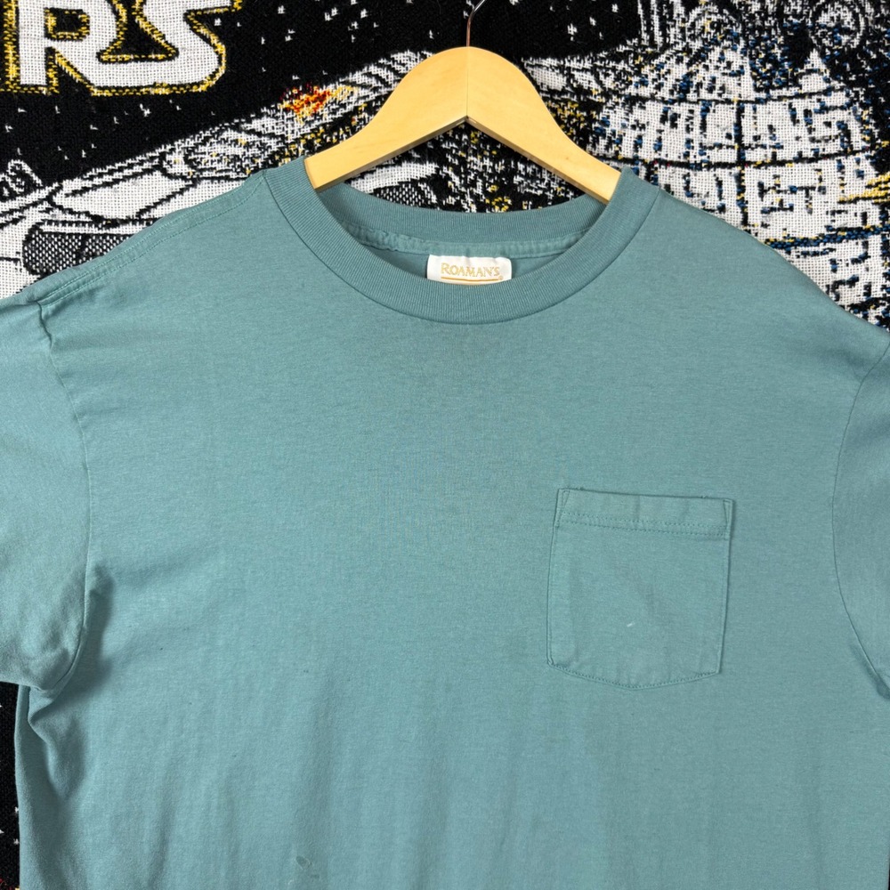 Vintage Roamans Single Stitch Pocket T-Shirt Teal Green Blank 23x27.5
